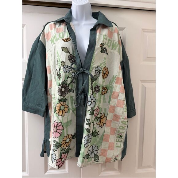 Free People Floral Embroidered Kimono - Green and Cream - Picture 4 of 9